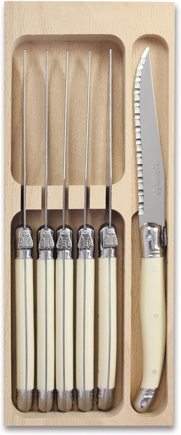 Laguiole 6-Piece Steak Knife Set Debutant Collection Stainless-Steel and Resin Handle in Ivory