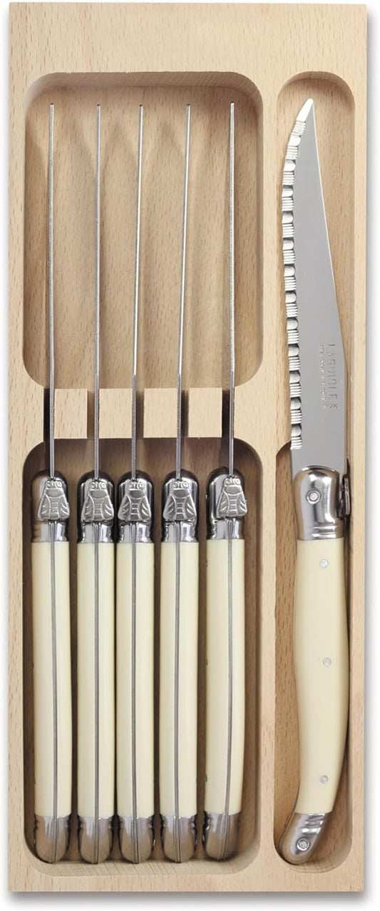 Laguiole 6-Piece Steak Knife Set Debutant Collection Stainless-Steel and Resin Handle in Ivory