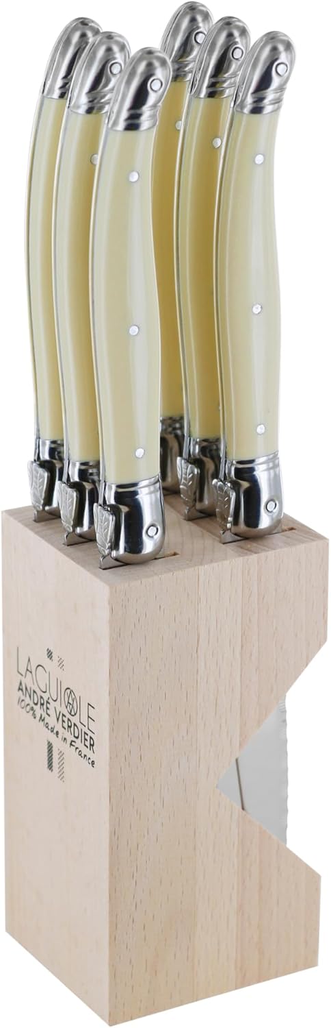 Laguiole 6-Piece Steak Knife Set Debutant Collection Stainless-Steel and Resin Handle in Ivory