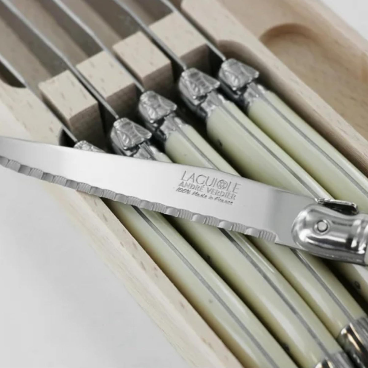 Laguiole 6-Piece Steak Knife Set Debutant Collection Stainless-Steel and Resin Handle in Ivory