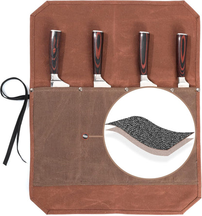16OZ Waxed Canvas Knife Roll Bag - Heavy Duty Chef Knife Carrier with 4 Slots + Cut-Proof Protection, Stylish Two-Color Design in Brown & Grey for Chefs (20.5" x 16.5")