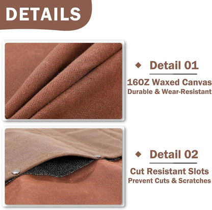 16OZ Waxed Canvas Knife Roll Bag - Heavy Duty Chef Knife Carrier with 4 Slots + Cut-Proof Protection, Stylish Two-Color Design in Brown & Grey for Chefs (20.5" x 16.5")