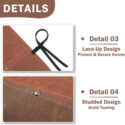 16OZ Waxed Canvas Knife Roll Bag - Heavy Duty Chef Knife Carrier with 4 Slots + Cut-Proof Protection, Stylish Two-Color Design in Brown & Grey for Chefs (20.5" x 16.5")