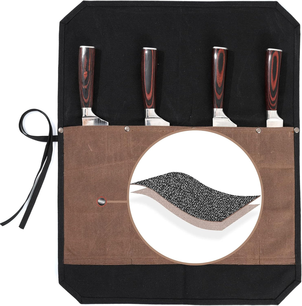 16OZ Waxed Canvas Knife Roll Bag - Heavy Duty Chef Knife Carrier with 4 Slots + Cut-Proof Protection, Stylish Two-Color Design in Brown & Grey for Chefs (20.5" x 16.5")