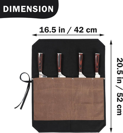 16OZ Waxed Canvas Knife Roll Bag - Heavy Duty Chef Knife Carrier with 4 Slots + Cut-Proof Protection, Stylish Two-Color Design in Brown & Grey for Chefs (20.5" x 16.5")