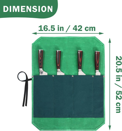 16OZ Waxed Canvas Knife Roll Bag - Heavy Duty Chef Knife Carrier with 4 Slots + Cut-Proof Protection, Stylish Two-Color Design in Brown & Grey for Chefs (20.5" x 16.5")