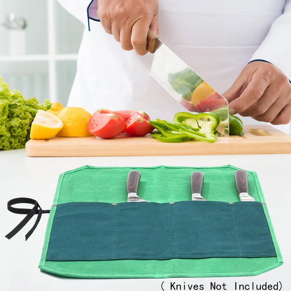 16OZ Waxed Canvas Knife Roll Bag - Heavy Duty Chef Knife Carrier with 4 Slots + Cut-Proof Protection, Stylish Two-Color Design in Brown & Grey for Chefs (20.5" x 16.5")