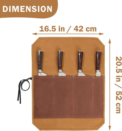 16OZ Waxed Canvas Knife Roll Bag - Heavy Duty Chef Knife Carrier with 4 Slots + Cut-Proof Protection, Stylish Two-Color Design in Brown & Grey for Chefs (20.5" x 16.5")