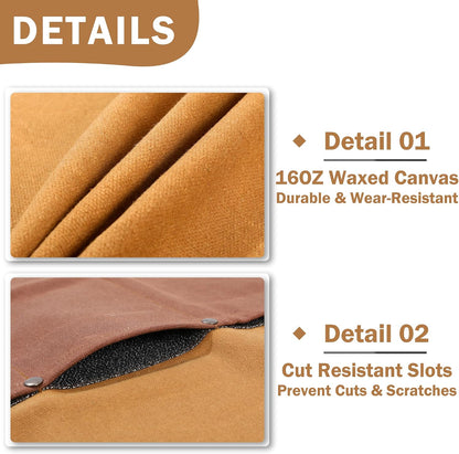 16OZ Waxed Canvas Knife Roll Bag - Heavy Duty Chef Knife Carrier with 4 Slots + Cut-Proof Protection, Stylish Two-Color Design in Brown & Grey for Chefs (20.5" x 16.5")