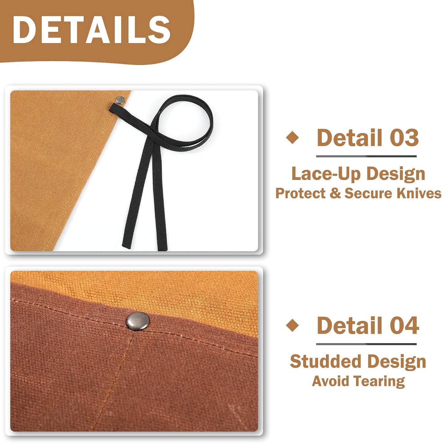 16OZ Waxed Canvas Knife Roll Bag - Heavy Duty Chef Knife Carrier with 4 Slots + Cut-Proof Protection, Stylish Two-Color Design in Brown & Grey for Chefs (20.5" x 16.5")