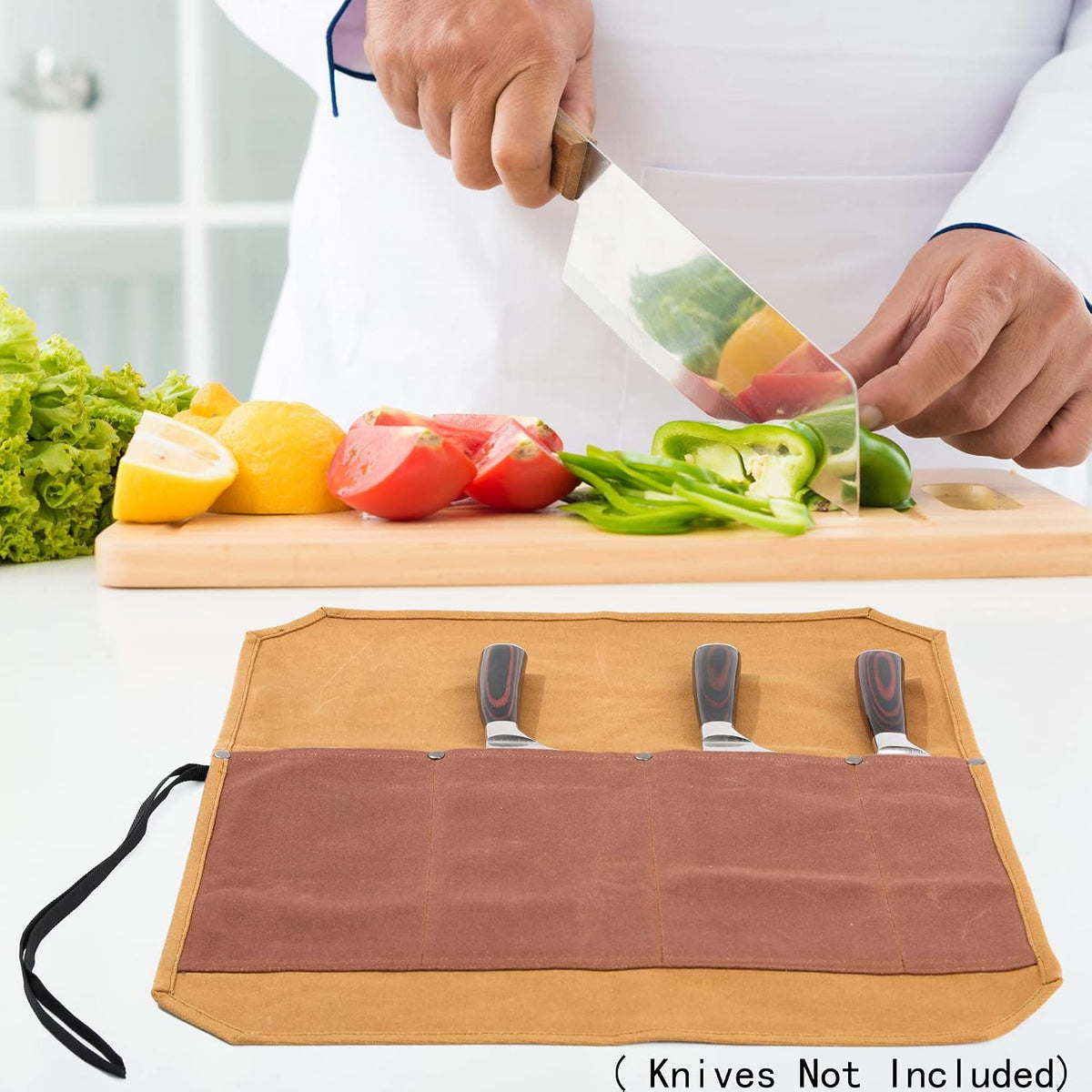 16OZ Waxed Canvas Knife Roll Bag - Heavy Duty Chef Knife Carrier with 4 Slots + Cut-Proof Protection, Stylish Two-Color Design in Brown & Grey for Chefs (20.5" x 16.5")