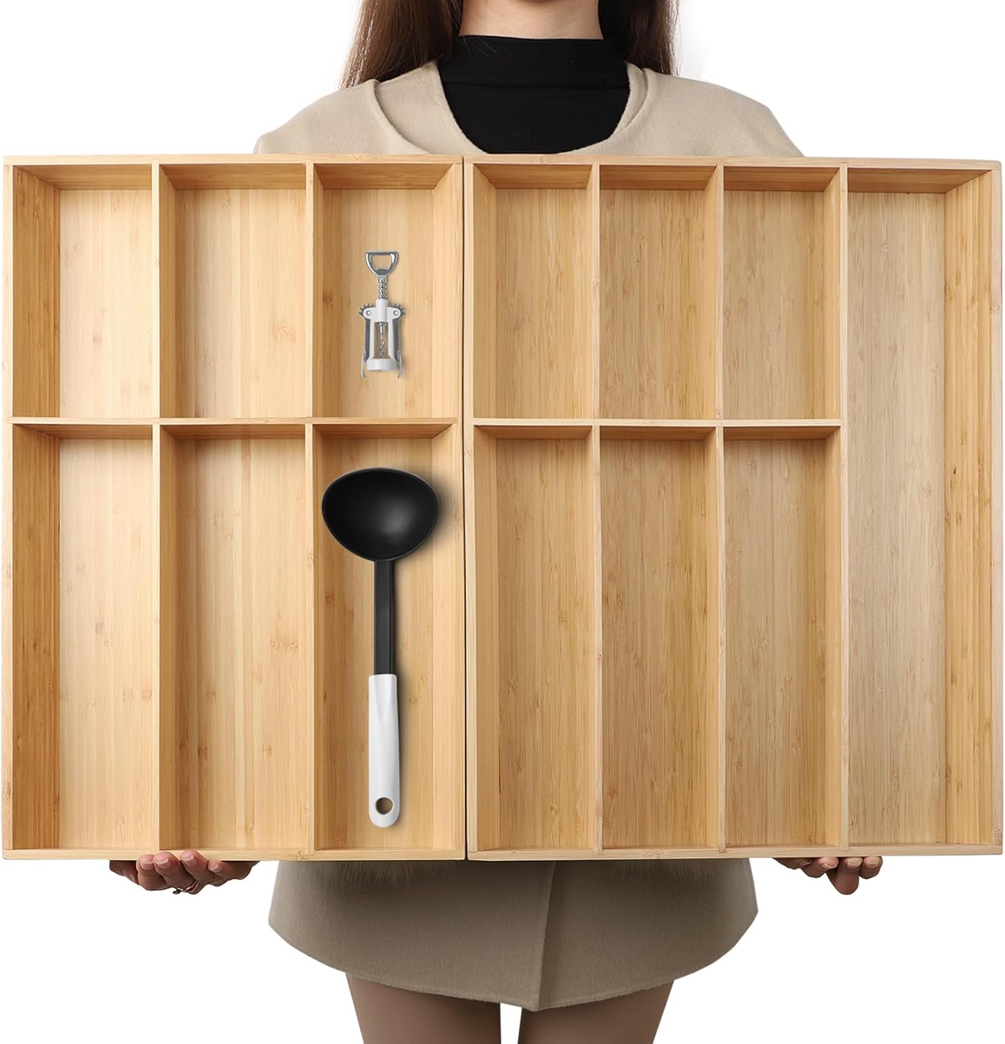 13 Slot V-Shaped Bamboo Drawer Organizer Set of 2 | Cutlery Tray | Silverware & Flatware Organizer | Utensil | Kitchen & Bathroom | Extra Large 19.6"×14.6" & 19.6"×12.4"
