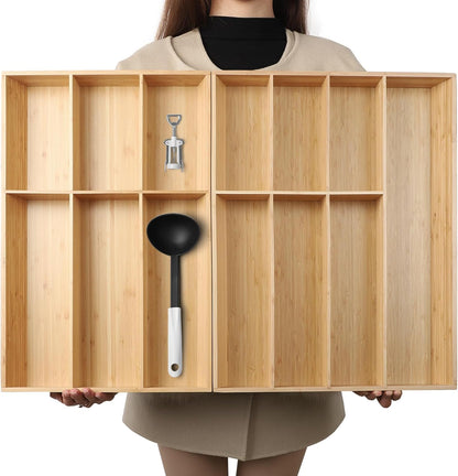 13 Slot V-Shaped Bamboo Drawer Organizer Set of 2 | Cutlery Tray | Silverware & Flatware Organizer | Utensil | Kitchen & Bathroom | Extra Large 19.6"×14.6" & 19.6"×12.4"