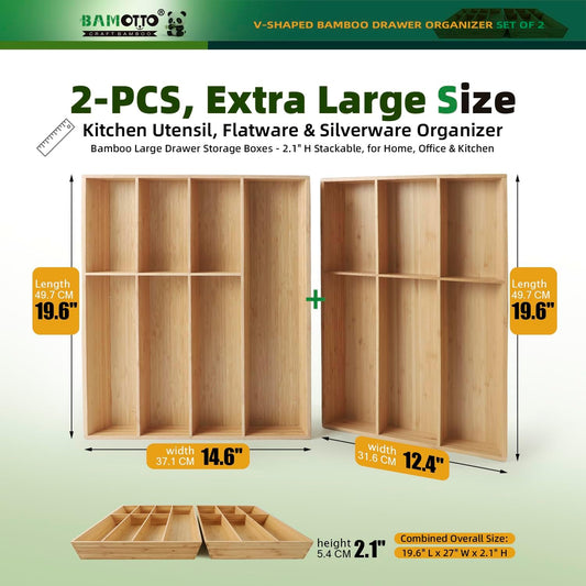 13 Slot V-Shaped Bamboo Drawer Organizer Set of 2 | Cutlery Tray | Silverware & Flatware Organizer | Utensil | Kitchen & Bathroom | Extra Large 19.6"×14.6" & 19.6"×12.4"