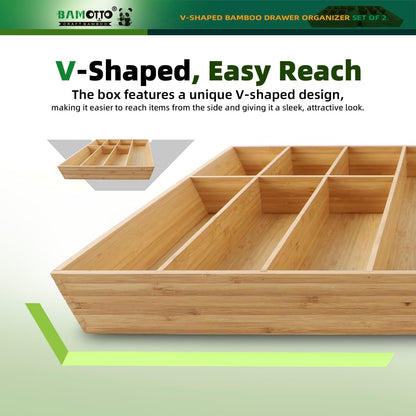 13 Slot V-Shaped Bamboo Drawer Organizer Set of 2 | Cutlery Tray | Silverware & Flatware Organizer | Utensil | Kitchen & Bathroom | Extra Large 19.6"×14.6" & 19.6"×12.4"