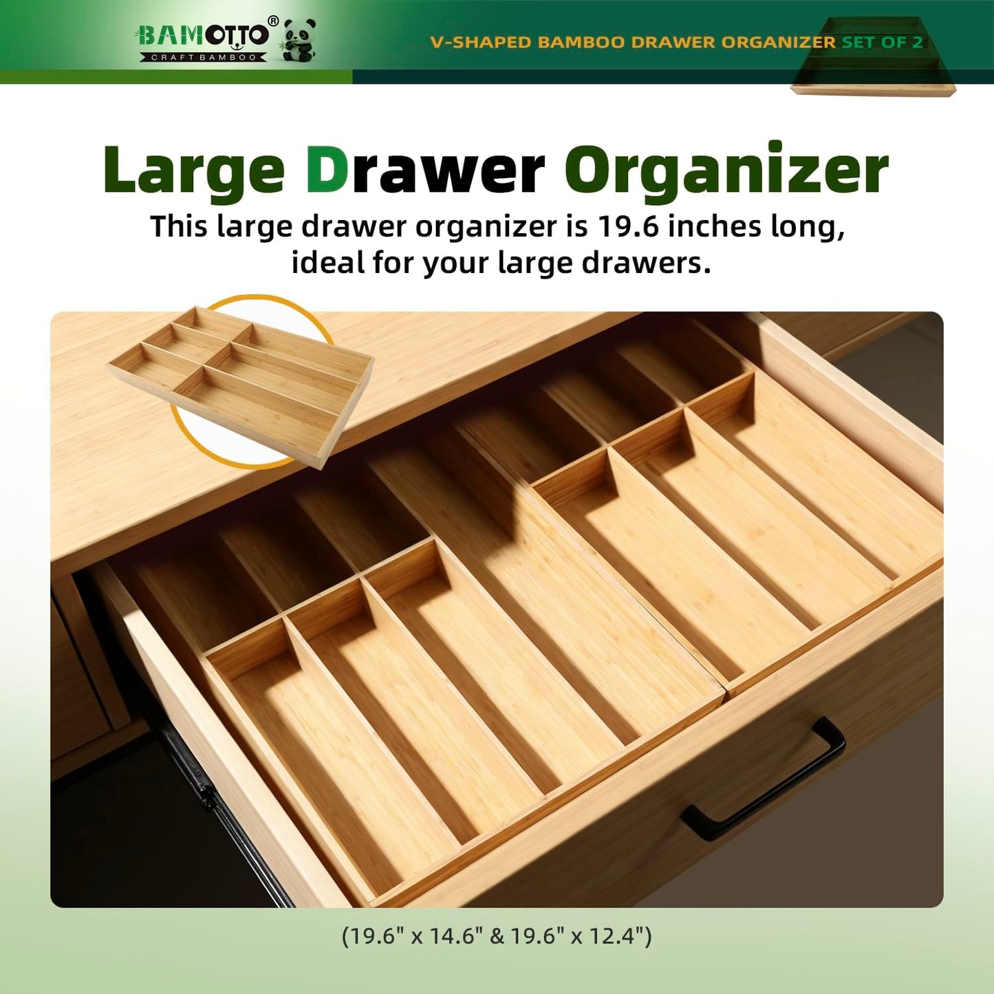 13 Slot V-Shaped Bamboo Drawer Organizer Set of 2 | Cutlery Tray | Silverware & Flatware Organizer | Utensil | Kitchen & Bathroom | Extra Large 19.6"×14.6" & 19.6"×12.4"
