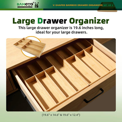 13 Slot V-Shaped Bamboo Drawer Organizer Set of 2 | Cutlery Tray | Silverware & Flatware Organizer | Utensil | Kitchen & Bathroom | Extra Large 19.6"×14.6" & 19.6"×12.4"