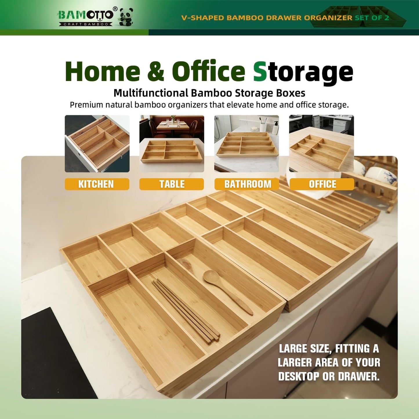 13 Slot V-Shaped Bamboo Drawer Organizer Set of 2 | Cutlery Tray | Silverware & Flatware Organizer | Utensil | Kitchen & Bathroom | Extra Large 19.6"×14.6" & 19.6"×12.4"