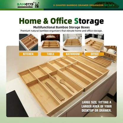 13 Slot V-Shaped Bamboo Drawer Organizer Set of 2 | Cutlery Tray | Silverware & Flatware Organizer | Utensil | Kitchen & Bathroom | Extra Large 19.6"×14.6" & 19.6"×12.4"