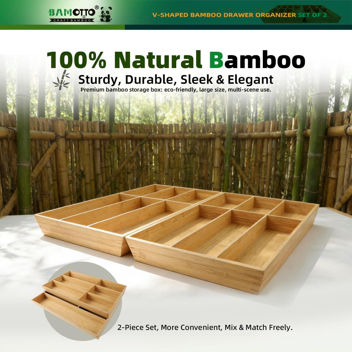 13 Slot V-Shaped Bamboo Drawer Organizer Set of 2 | Cutlery Tray | Silverware & Flatware Organizer | Utensil | Kitchen & Bathroom | Extra Large 19.6"×14.6" & 19.6"×12.4"