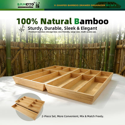 13 Slot V-Shaped Bamboo Drawer Organizer Set of 2 | Cutlery Tray | Silverware & Flatware Organizer | Utensil | Kitchen & Bathroom | Extra Large 19.6"×14.6" & 19.6"×12.4"