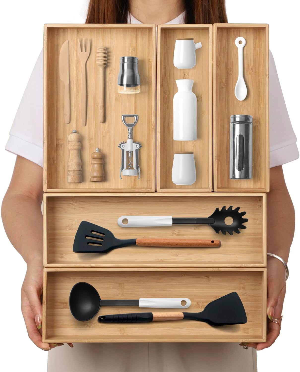 13 Slot V-Shaped Bamboo Drawer Organizer Set of 2 | Cutlery Tray | Silverware & Flatware Organizer | Utensil | Kitchen & Bathroom | Extra Large 19.6"×14.6" & 19.6"×12.4"