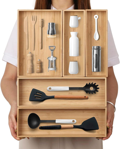 13 Slot V-Shaped Bamboo Drawer Organizer Set of 2 | Cutlery Tray | Silverware & Flatware Organizer | Utensil | Kitchen & Bathroom | Extra Large 19.6"×14.6" & 19.6"×12.4"