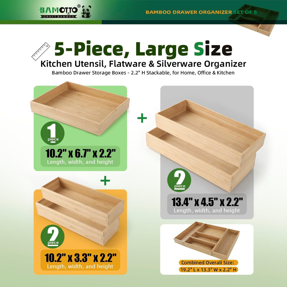 13 Slot V-Shaped Bamboo Drawer Organizer Set of 2 | Cutlery Tray | Silverware & Flatware Organizer | Utensil | Kitchen & Bathroom | Extra Large 19.6"×14.6" & 19.6"×12.4"