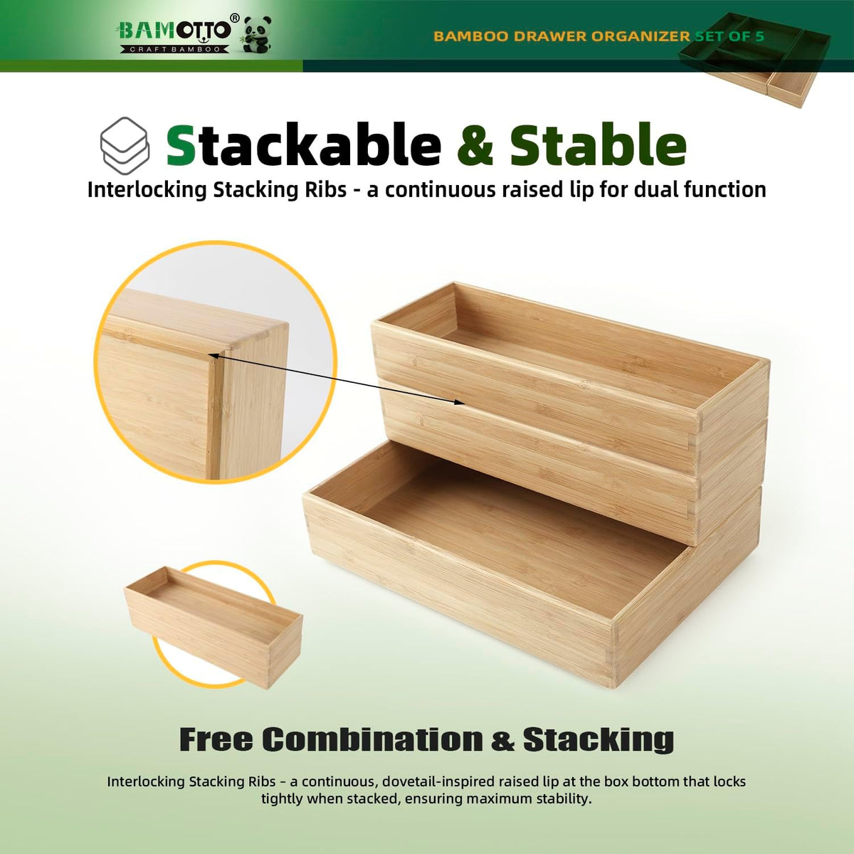 13 Slot V-Shaped Bamboo Drawer Organizer Set of 2 | Cutlery Tray | Silverware & Flatware Organizer | Utensil | Kitchen & Bathroom | Extra Large 19.6"×14.6" & 19.6"×12.4"