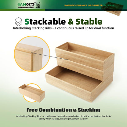 13 Slot V-Shaped Bamboo Drawer Organizer Set of 2 | Cutlery Tray | Silverware & Flatware Organizer | Utensil | Kitchen & Bathroom | Extra Large 19.6"×14.6" & 19.6"×12.4"