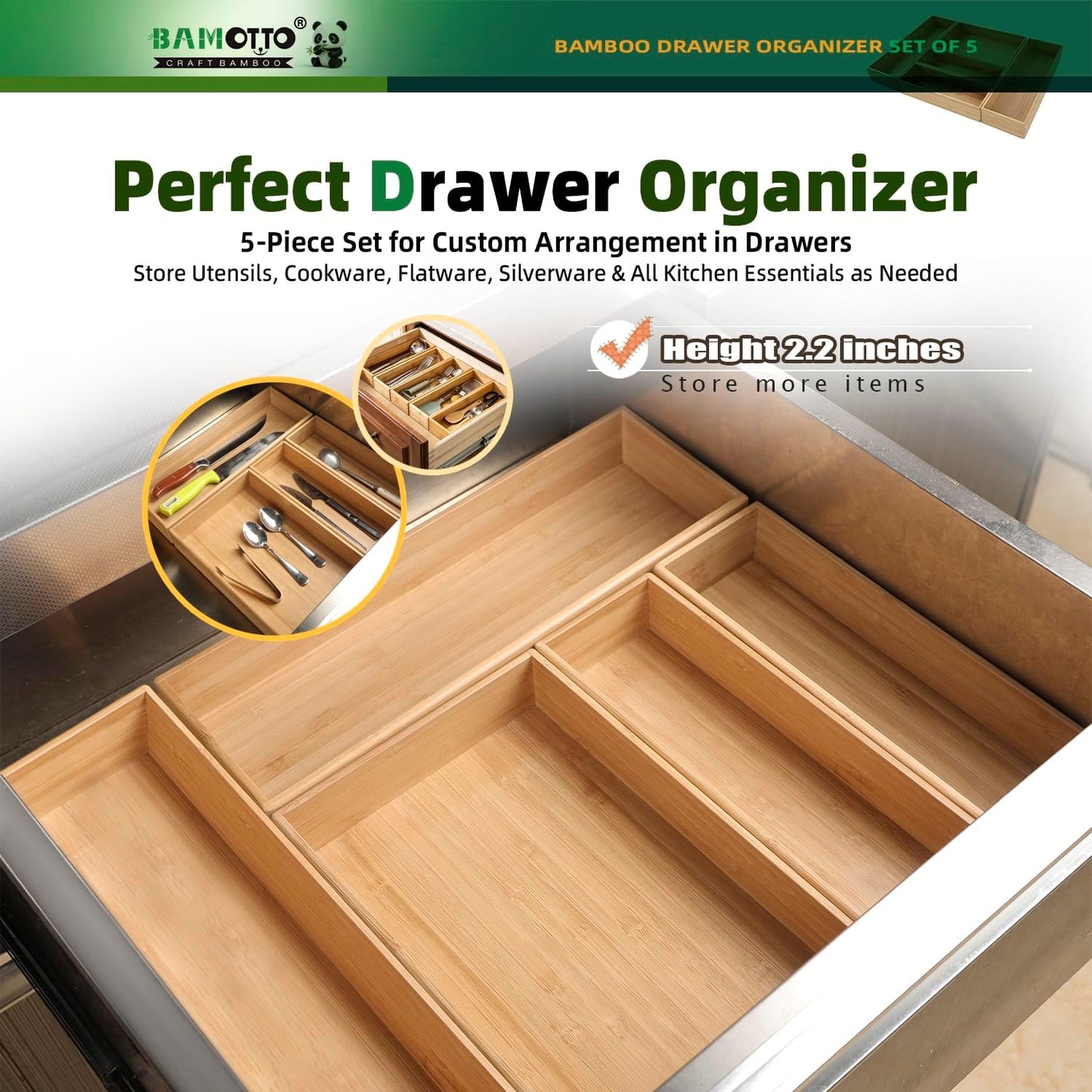 13 Slot V-Shaped Bamboo Drawer Organizer Set of 2 | Cutlery Tray | Silverware & Flatware Organizer | Utensil | Kitchen & Bathroom | Extra Large 19.6"×14.6" & 19.6"×12.4"