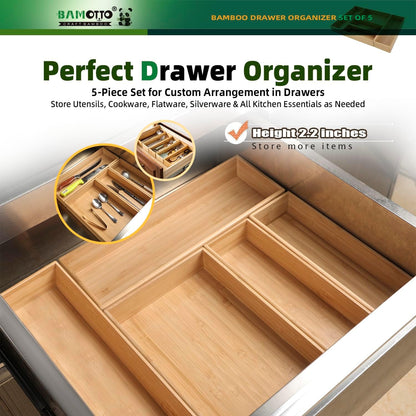 13 Slot V-Shaped Bamboo Drawer Organizer Set of 2 | Cutlery Tray | Silverware & Flatware Organizer | Utensil | Kitchen & Bathroom | Extra Large 19.6"×14.6" & 19.6"×12.4"