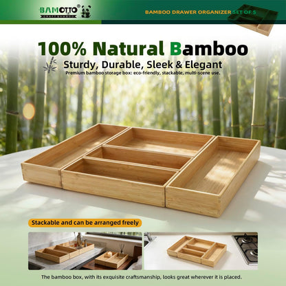 13 Slot V-Shaped Bamboo Drawer Organizer Set of 2 | Cutlery Tray | Silverware & Flatware Organizer | Utensil | Kitchen & Bathroom | Extra Large 19.6"×14.6" & 19.6"×12.4"