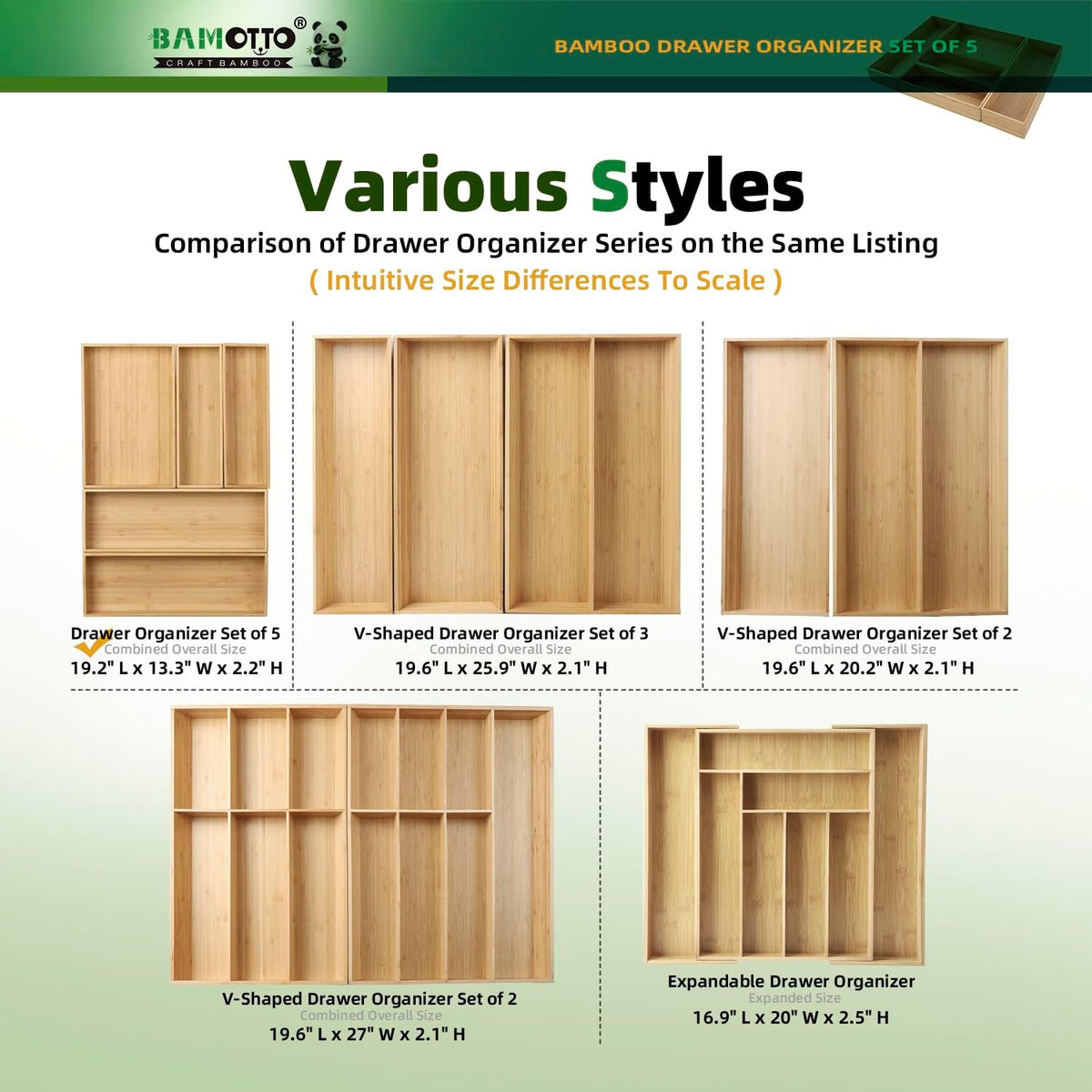 13 Slot V-Shaped Bamboo Drawer Organizer Set of 2 | Cutlery Tray | Silverware & Flatware Organizer | Utensil | Kitchen & Bathroom | Extra Large 19.6"×14.6" & 19.6"×12.4"