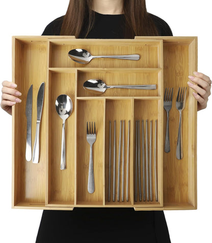 13 Slot V-Shaped Bamboo Drawer Organizer Set of 2 | Cutlery Tray | Silverware & Flatware Organizer | Utensil | Kitchen & Bathroom | Extra Large 19.6"×14.6" & 19.6"×12.4"