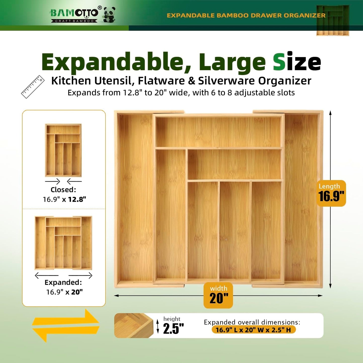13 Slot V-Shaped Bamboo Drawer Organizer Set of 2 | Cutlery Tray | Silverware & Flatware Organizer | Utensil | Kitchen & Bathroom | Extra Large 19.6"×14.6" & 19.6"×12.4"