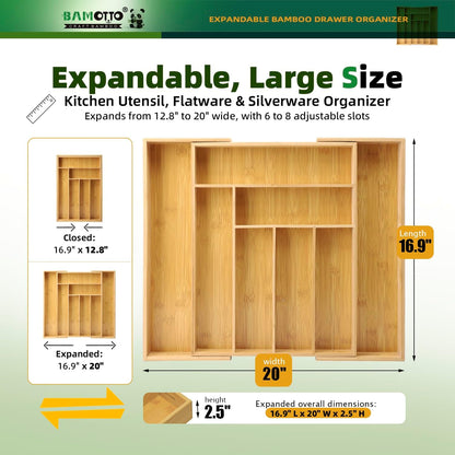 13 Slot V-Shaped Bamboo Drawer Organizer Set of 2 | Cutlery Tray | Silverware & Flatware Organizer | Utensil | Kitchen & Bathroom | Extra Large 19.6"×14.6" & 19.6"×12.4"