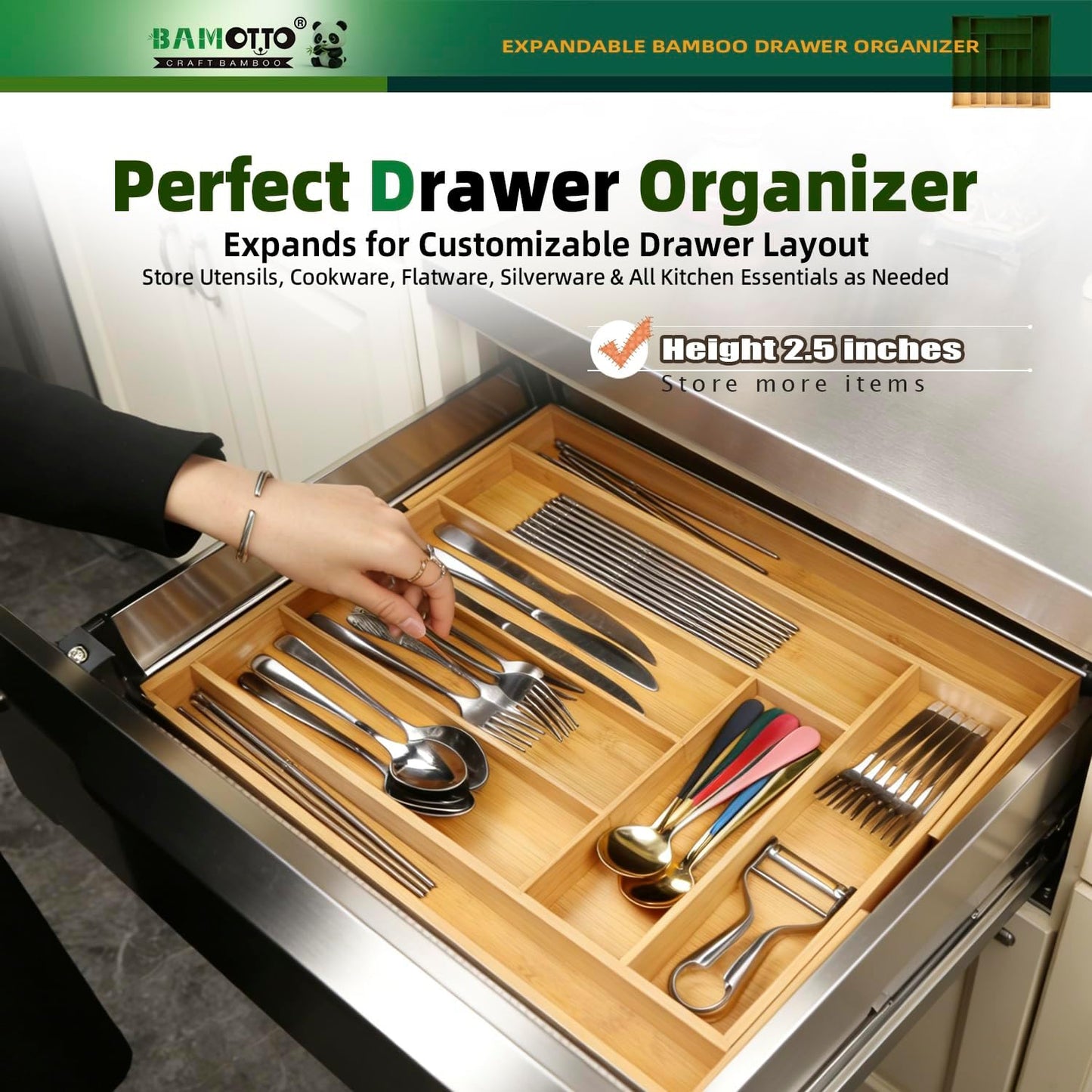13 Slot V-Shaped Bamboo Drawer Organizer Set of 2 | Cutlery Tray | Silverware & Flatware Organizer | Utensil | Kitchen & Bathroom | Extra Large 19.6"×14.6" & 19.6"×12.4"