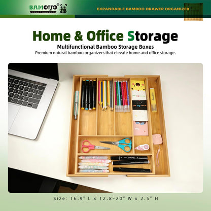 13 Slot V-Shaped Bamboo Drawer Organizer Set of 2 | Cutlery Tray | Silverware & Flatware Organizer | Utensil | Kitchen & Bathroom | Extra Large 19.6"×14.6" & 19.6"×12.4"