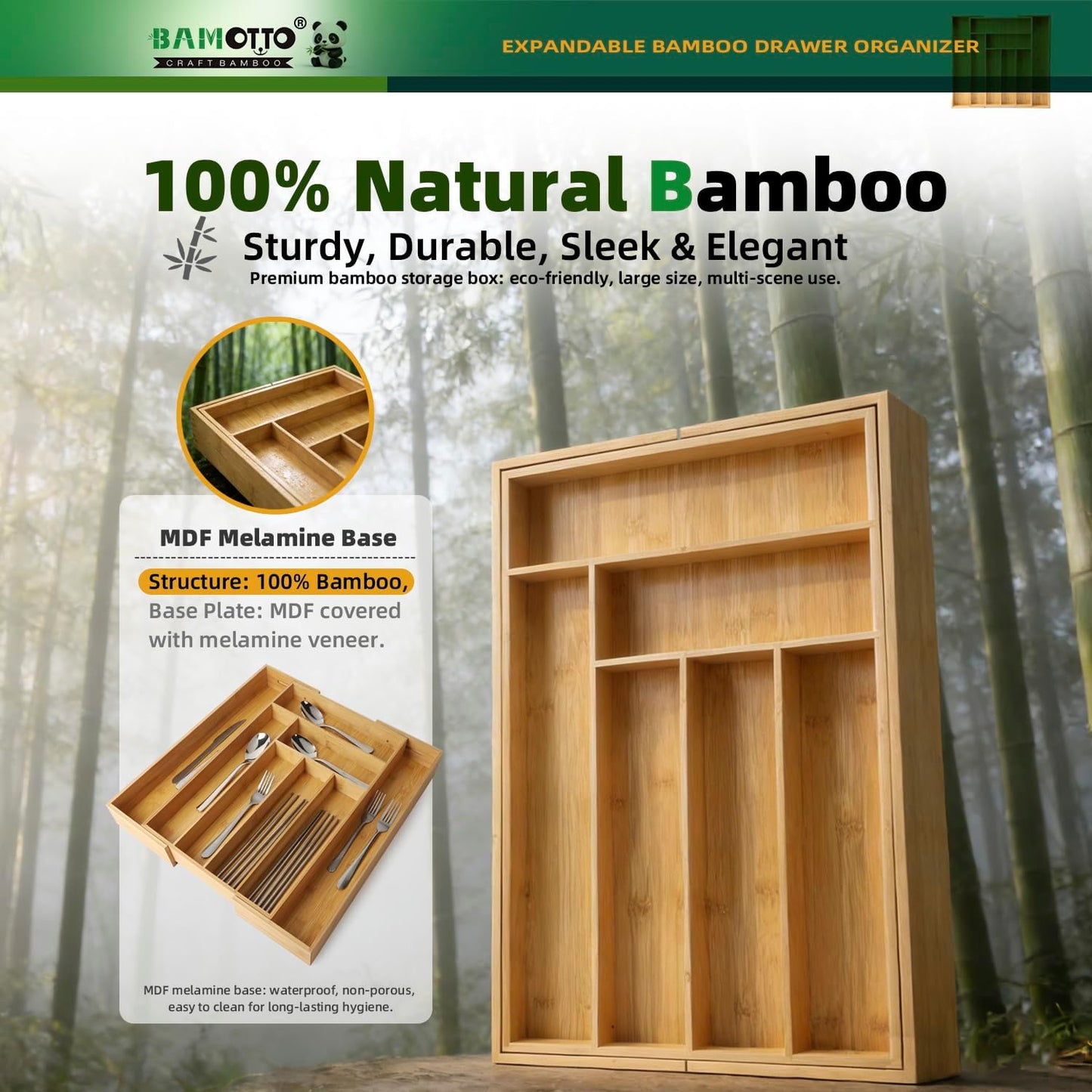 13 Slot V-Shaped Bamboo Drawer Organizer Set of 2 | Cutlery Tray | Silverware & Flatware Organizer | Utensil | Kitchen & Bathroom | Extra Large 19.6"×14.6" & 19.6"×12.4"