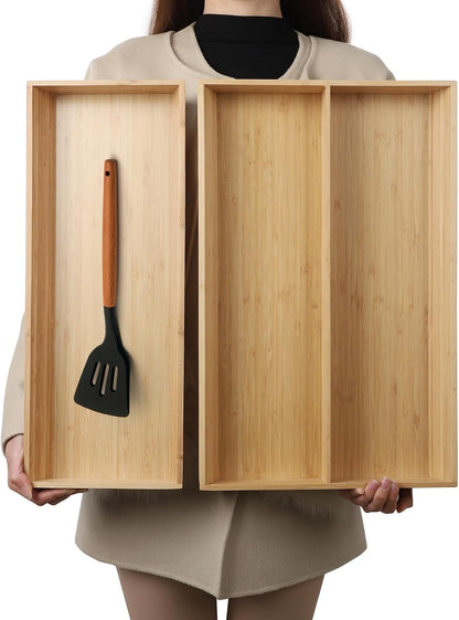 13 Slot V-Shaped Bamboo Drawer Organizer Set of 2 | Cutlery Tray | Silverware & Flatware Organizer | Utensil | Kitchen & Bathroom | Extra Large 19.6"×14.6" & 19.6"×12.4"