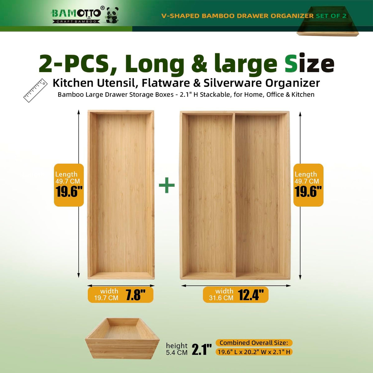 13 Slot V-Shaped Bamboo Drawer Organizer Set of 2 | Cutlery Tray | Silverware & Flatware Organizer | Utensil | Kitchen & Bathroom | Extra Large 19.6"×14.6" & 19.6"×12.4"