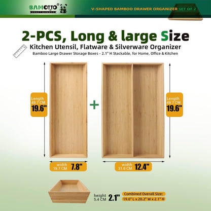 13 Slot V-Shaped Bamboo Drawer Organizer Set of 2 | Cutlery Tray | Silverware & Flatware Organizer | Utensil | Kitchen & Bathroom | Extra Large 19.6"×14.6" & 19.6"×12.4"
