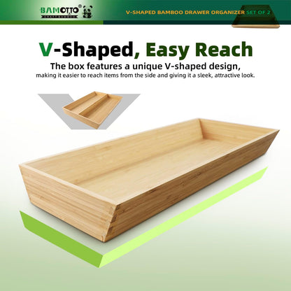 13 Slot V-Shaped Bamboo Drawer Organizer Set of 2 | Cutlery Tray | Silverware & Flatware Organizer | Utensil | Kitchen & Bathroom | Extra Large 19.6"×14.6" & 19.6"×12.4"