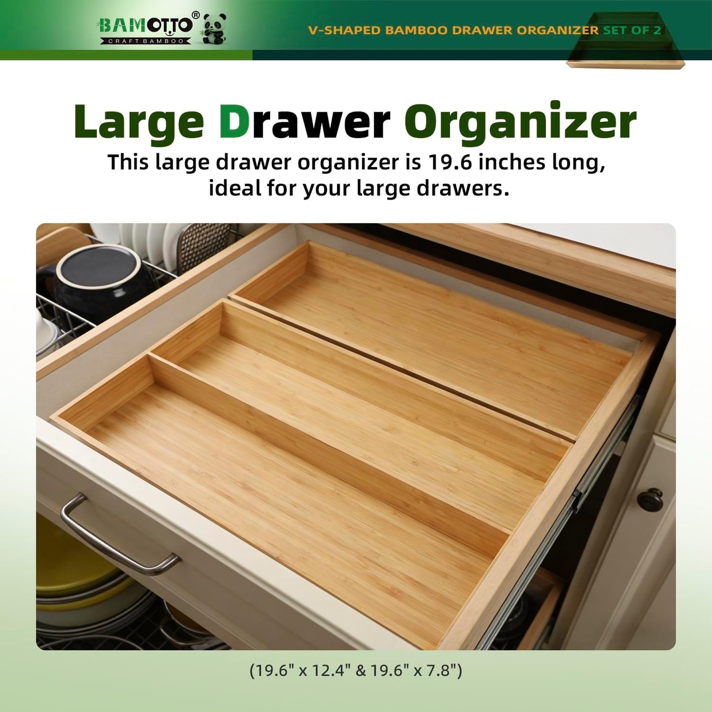 13 Slot V-Shaped Bamboo Drawer Organizer Set of 2 | Cutlery Tray | Silverware & Flatware Organizer | Utensil | Kitchen & Bathroom | Extra Large 19.6"×14.6" & 19.6"×12.4"