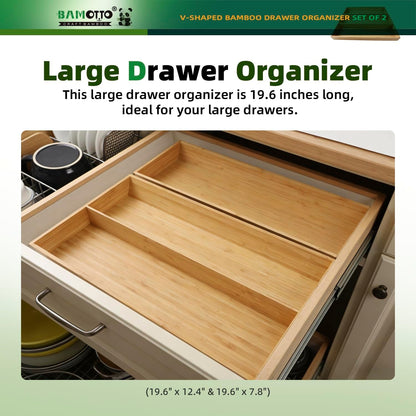 13 Slot V-Shaped Bamboo Drawer Organizer Set of 2 | Cutlery Tray | Silverware & Flatware Organizer | Utensil | Kitchen & Bathroom | Extra Large 19.6"×14.6" & 19.6"×12.4"
