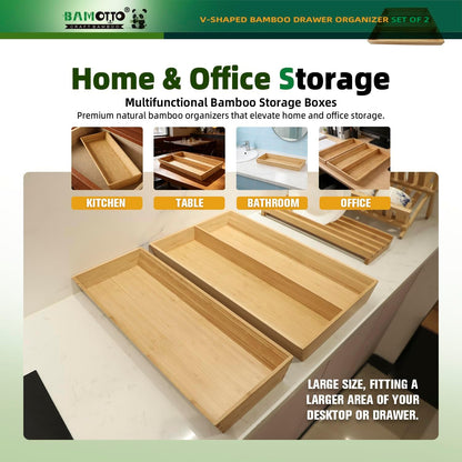 13 Slot V-Shaped Bamboo Drawer Organizer Set of 2 | Cutlery Tray | Silverware & Flatware Organizer | Utensil | Kitchen & Bathroom | Extra Large 19.6"×14.6" & 19.6"×12.4"