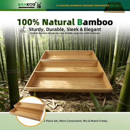 13 Slot V-Shaped Bamboo Drawer Organizer Set of 2 | Cutlery Tray | Silverware & Flatware Organizer | Utensil | Kitchen & Bathroom | Extra Large 19.6"×14.6" & 19.6"×12.4"