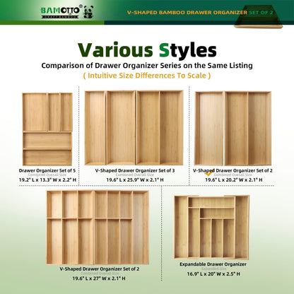 13 Slot V-Shaped Bamboo Drawer Organizer Set of 2 | Cutlery Tray | Silverware & Flatware Organizer | Utensil | Kitchen & Bathroom | Extra Large 19.6"×14.6" & 19.6"×12.4"