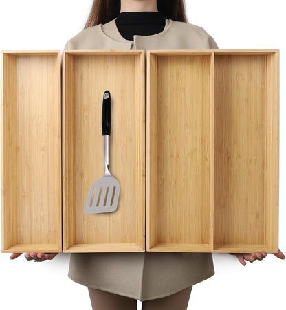 13 Slot V-Shaped Bamboo Drawer Organizer Set of 2 | Cutlery Tray | Silverware & Flatware Organizer | Utensil | Kitchen & Bathroom | Extra Large 19.6"×14.6" & 19.6"×12.4"